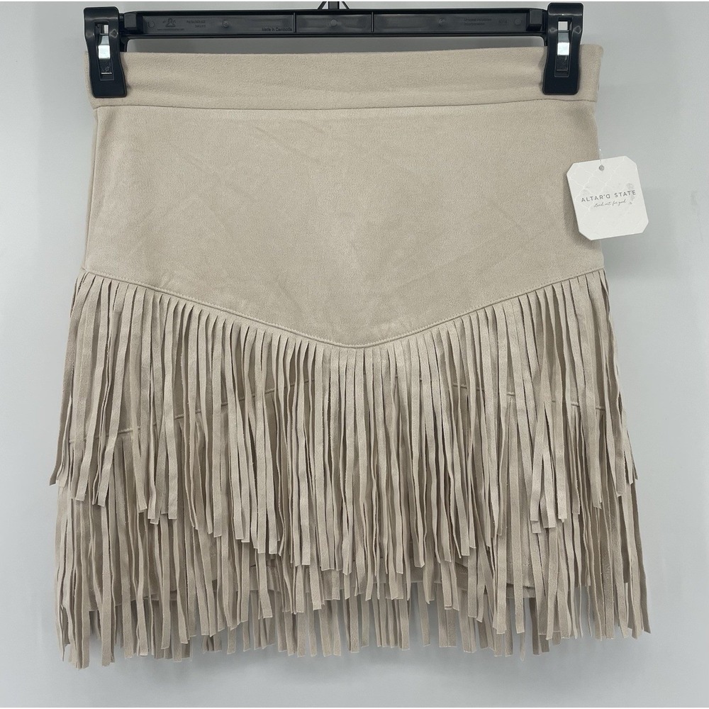Altar'd State Mini Skirt Women Med Ivory Faux Suede Tiered Fringe Western Boho